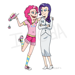 Size: 900x900 | Tagged: safe, artist:infinitecircus, pinkie pie, rarity, cake, converse, humanized, shoes