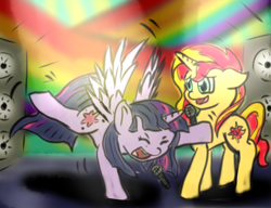 Size: 1280x985 | Tagged: safe, artist:m_d_quill, sunset shimmer, twilight sparkle, twilight sparkle (alicorn), alicorn, pony, unicorn, club can't handle me, dancing, do the sparkle, microphone, speakers