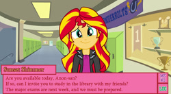 Size: 1394x764 | Tagged: safe, artist:decprincess, artist:fundz64, sunset shimmer, equestria girls, rainbow rocks, cute, dating sim, looking at you, shimmerbetes, smiling, visual novel