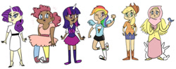 Size: 400x156 | Tagged: safe, artist:sailorswayze, derpibooru import, applejack, fluttershy, pinkie pie, rainbow dash, rarity, twilight sparkle, human, clothes, dark skin, diversity, dress, hijab, horned humanization, humanized, islam, islamashy, mane six, sweater, sweatershy, why meph why, winged humanization