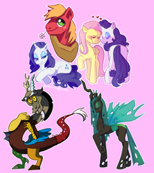 Size: 640x720 | Tagged: safe, artist:masked-cracker, big macintosh, discord, fluttershy, queen chrysalis, rarity, changeling, changeling queen, pegasus, pony, unicorn, female, flarity, lesbian, male, shipping