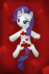 Size: 600x898 | Tagged: safe, artist:icaron, rarity, pony, unicorn, american beauty, bed of roses, parody, rose, show accurate, solo