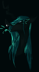 Size: 421x781 | Tagged: safe, artist:marshmellowcannibal, queen chrysalis, changeling, changeling queen, black background, bust, fangs, female, open mouth, portrait, profile, simple background, solo, tongue out