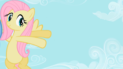 Size: 1349x754 | Tagged: safe, fluttershy, pegasus, pony, exploitable, female, mare, pointing, sky, smiling, solo, spread wings, wings