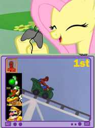 Size: 563x752 | Tagged: safe, fluttershy, pegasus, pony, 60s spider-man, bowser, controller, exploitable meme, eyes closed, female, gamershy, happy, hoof hold, mare, mario kart, meme, open mouth, pink mane, screen, smiling, spider-man, super mario bros., tv meme, wario, yellow coat, yoshi