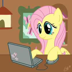 Size: 1800x1800 | Tagged: safe, artist:oemilythepenguino, fluttershy, pegasus, pony, computer, female, mare, solo