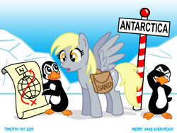 Size: 800x600 | Tagged: safe, artist:tim-kangaroo, derpy hooves, bird, pegasus, penguin, pony, bag, female, mare, snow, solo, went north to get the southern birds
