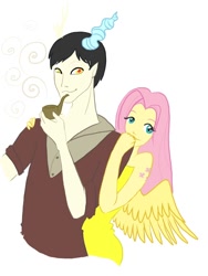 Size: 750x1000 | Tagged: safe, artist:solweig, discord, fluttershy, discoshy, female, horned humanization, humanized, male, pipe, shipping, straight, winged humanization