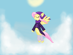 Size: 1024x768 | Tagged: safe, artist:ydenne, fluttershy, bandage, clothes, cloud, cloudy, eyes closed, flying, god tier, god tiers, hat, hero of rage, homestuck, maid of rage, smiling, spread wings