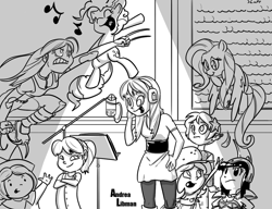 Size: 1300x1000 | Tagged: safe, artist:butts-mcpoop, fluttershy, pinkie pie, earth pony, human, pegasus, pony, andrea libman, chi-chi, columbia pictures, dragon ball, dragon tales, emmy, eyes closed, female, grayscale, human female, lemon meringue (strawberry shortcake), madeline, mare, monochrome, open mouth, sony, sony pictures, tristar pictures, voice actor, voice actor joke, x-23, x-men evolution