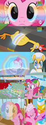 Size: 941x2532 | Tagged: safe, derpibooru import, screencap, boneless, doctor horse, doctor stable, pinkie pie, rainbow dash, earth pony, pegasus, pony, pinkie pride, background pony, balloon, bridge, bubble, crying, cupcake, helmet, hot air balloon, hub logo, mailbox, rainbow, rainbow of harmony, rainbow power, sad, smiling, streamers, surgeon, water