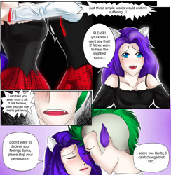 Size: 1024x1050 | Tagged: safe, artist:treacly, rarity, spike, blushing, comic, eared humanization, female, humanized, male, shipping, sparity, straight, tailed humanization