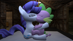 Size: 1600x900 | Tagged: dead source, safe, artist:dakkiller, rarity, spike, dragon, pony, unicorn, female, gmod, kissing, male, shipping, sparity, straight