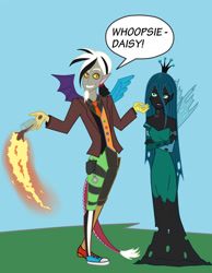 Size: 1301x1674 | Tagged: safe, artist:bakasiaxd, discord, queen chrysalis, human, chocolate, chocolate milk, colored skin, fire, humanized, milk