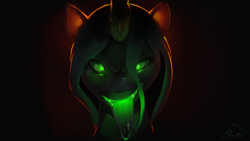 Size: 1920x1080 | Tagged: safe, artist:shnider, queen chrysalis, changeling, changeling queen, bust, creepy, glowing eyes, glowing tongue, kitchen eyes, looking at you, portrait, solo, tongue out, translucent, wallpaper