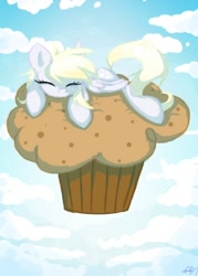 Size: 360x504 | Tagged: dead source, safe, artist:yuji8sushi, derpy hooves, pegasus, pony, cloud, female, giant muffin, mare, muffin, sleeping