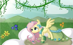 Size: 1440x900 | Tagged: safe, artist:cocolli, fluttershy, pegasus, pony, clothes, dress, gala dress