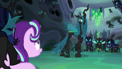 Size: 1920x1080 | Tagged: safe, edit, edited screencap, editor:joshua, screencap, queen chrysalis, starlight glimmer, thorax, changeling, changeling queen, pony, to where and back again, bugbutt, changeling guard, changeling hive, female, mare, plot, walking away