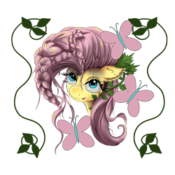 Size: 1500x1500 | Tagged: dead source, safe, artist:hereticofdune, fluttershy, butterfly, pegasus, pony, braid, bust, female, fluffy, looking at you, mare, open mouth, portrait, simple background, solo, stray strand, three quarter view, transparent background, vine