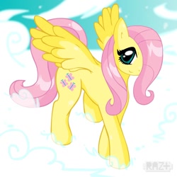 Size: 800x800 | Tagged: safe, artist:razplus, fluttershy, pegasus, pony, cloud, female, looking at you, mare, sky, solo