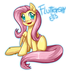 Size: 786x855 | Tagged: safe, artist:pauuhanthothecat, fluttershy, butterfly, pegasus, pony, blushing, colored pupils, cute, ear fluff, female, happy, hoof fluff, leg fluff, looking at you, mare, open mouth, shrunken pupils, shyabetes, simple background, sitting, smiling, solo, text, transparent background, wing fluff