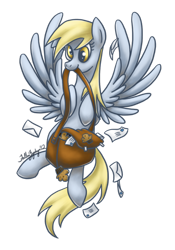 Size: 600x857 | Tagged: safe, artist:fallenzephyr, derpy hooves, pegasus, pony, blonde mane, female, gray coat, mail, mare, wings