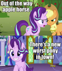 Size: 831x957 | Tagged: safe, edit, edited screencap, screencap, applejack, starlight glimmer, earth pony, pony, no second prances, background pony strikes again, caption, downvote bait, drama bait, op is a cuck, op is trying to start shit, opinion, shitposting, starlight glimmer is worst pony, worst pony