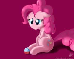 Size: 1000x800 | Tagged: safe, artist:nolycs, pinkie pie, earth pony, pony, magic duel, crying, cupcake, no mouth, no nose, sad, simple background, solo