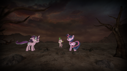 Size: 3840x2160 | Tagged: safe, artist:imafutureguitarhero, spike, starlight glimmer, twilight sparkle, twilight sparkle (alicorn), alicorn, dragon, pony, the cutie re-mark, 3d, alternate timeline, ashlands timeline, barren, female, implied genocide, mare, post-apocalyptic, scene interpretation, source filmmaker, wasteland