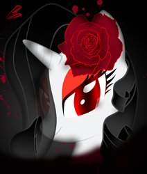 Size: 2712x3192 | Tagged: safe, artist:baroquedavid, rarity, pony, undead, unicorn, vampire, vampony, alternate color palette, bust, eyeshadow, female, flower, flower in hair, hair over one eye, looking at you, makeup, mare, smiling