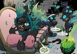 Size: 1040x729 | Tagged: safe, artist:andypriceart, idw, queen chrysalis, changeling, changeling queen, the return of queen chrysalis, spoiler:comic, spoiler:comic04, bandage, bandaged horn, bandaid, changeling guard, female, official comic, speech bubble, that awkward moment when you feel sorry for the villain