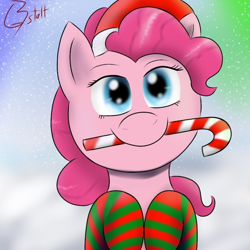 Size: 512x512 | Tagged: safe, pinkie pie, earth pony, pony, candy cane, clothes, cute, female, hat, mare, mouth hold, santa hat, signature, snow, socks, striped socks