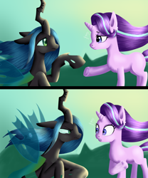 Size: 1024x1229 | Tagged: safe, artist:kimtita, queen chrysalis, starlight glimmer, changeling, changeling queen, pony, unicorn, to where and back again, comic, former queen chrysalis, gradient background, lidded eyes, looking at each other, scene interpretation, spread wings