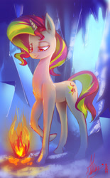 Size: 2472x4000 | Tagged: safe, artist:alumx, sunset shimmer, pony, unicorn, fire, looking down, smiling, solo