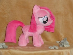 Size: 640x480 | Tagged: safe, artist:whitedove-creations, pinkie pie, earth pony, pony, blank flank, female, filly, irl, photo, pinkamena diane pie, plushie, rock, sad, solo, stone