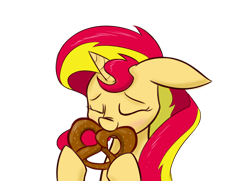 Size: 900x650 | Tagged: safe, artist:heir-of-rick, sunset shimmer, pony, unicorn, eating, nom, pretzel, simple background, solo, transparent background