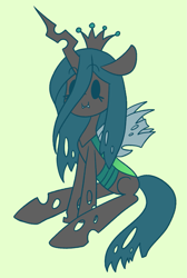 Size: 1087x1621 | Tagged: safe, artist:typhwosion, queen chrysalis, changeling, changeling queen, female, green background, simple background, sitting, smiling, solo