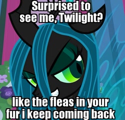 Size: 413x397 | Tagged: safe, edit, edited screencap, screencap, queen chrysalis, changeling, changeling queen, a canterlot wedding, crash bandicoot, crash twinsanity, doctor neo cortex, female, fleas, image macro, meme, solo