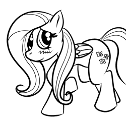 Size: 800x768 | Tagged: safe, artist:okiedokielowkey, fluttershy, pegasus, pony, black and white, blushing, female, folded wings, grayscale, lineart, looking at you, mare, monochrome, raised hoof, simple background, solo, three quarter view, white background, wings