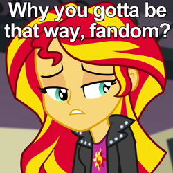 Size: 600x600 | Tagged: safe, edit, edited screencap, screencap, sunset shimmer, equestria girls, rainbow rocks, caption, disappointed, fandom, image macro, meta, question, reaction image, sad, solo, sunsad shimmer