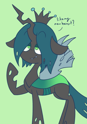 Size: 1404x2000 | Tagged: safe, artist:typhwosion, queen chrysalis, changeling, changeling queen, green background, haircut, raised hoof, simple background, solo, talking