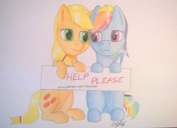 Size: 2312x1673 | Tagged: safe, artist:icecoldwulf, derpibooru import, applejack, rainbow dash, earth pony, pegasus, pony, appledash, female, lesbian, shipping, traditional art