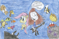 Size: 900x594 | Tagged: safe, artist:sithvampiremaster27, fluttershy, fish, pegasus, pony, crossover, flying v, guitar, i think i found nemo, metalocalypse, toki wartooth