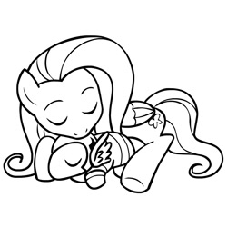 Size: 945x945 | Tagged: safe, artist:megasweet, fluttershy, pegasus, pony, beta ray bill, black and white, eyes closed, female, grayscale, lineart, lying, mare, monochrome, simple background, white background