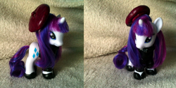 Size: 1569x792 | Tagged: safe, artist:cheri-bomb, rarity, pony, beatnik rarity, beret, brushable, clothes, custom, hat, irl, photo, solo, toy