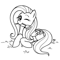 Size: 945x945 | Tagged: safe, artist:megasweet, fluttershy, pegasus, pony, black and white, female, flower, flower in mouth, grayscale, lineart, lying, mare, monochrome, mouth hold, one eye closed, prone, rose, simple background, solo, white background, wink