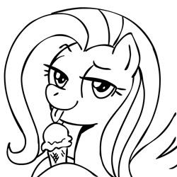 Size: 945x945 | Tagged: safe, artist:megasweet, fluttershy, pegasus, pony, black and white, bust, female, grayscale, ice cream, licking, mare, monochrome, simple background, solo, tongue out, white background