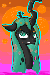 Size: 700x1053 | Tagged: safe, artist:astardragon, artist:colouredteapot, queen chrysalis, changeling, changeling queen, evil grin, female, grin, neon, smiling, solo