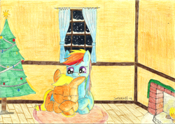 Size: 3502x2480 | Tagged: safe, artist:icecoldwulf, derpibooru import, applejack, rainbow dash, earth pony, pegasus, pony, appledash, female, fireplace, hearth's warming eve, lesbian, shipping, traditional art