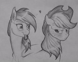 Size: 2945x2353 | Tagged: safe, artist:themoonraven, derpibooru import, applejack, rainbow dash, earth pony, pegasus, pony, appledash, female, grayscale, lesbian, monochrome, shipping, teasing, traditional art